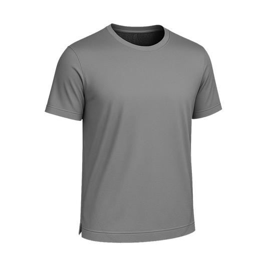 Das SIMLOC BLUE_LINE T-Shirt ist ein schlichtes graues, kurzärmeliges T-Shirt mit Rundhalsausschnitt aus recyceltem Polyester. Auf weißem Hintergrund zeigt es ein einfaches, glattes Design ohne sichtbare Logos oder Muster.