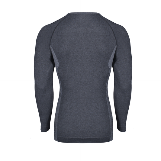 Das HESTOR ORANGE_LINE Longsleeve ist ein tailliertes, dunkelgraues Sporthemd, das von hinten auf weißem Hintergrund zu sehen ist. Dezente Nähte und feuchtigkeitsableitendes Material sorgen für dauerhaften Komfort bei jeder Aktivität.