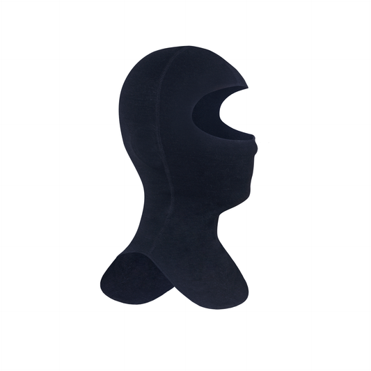 Die SIMLOC RED_LINE FR Balaclava, schwarz mit einer einzigen großen ovalen Gesichtsöffnung, ist auf einem weißen Hintergrund abgebildet. Entwickelt für erhöhte Sicherheit als Hitze- und Feuerschutzkleidung in anspruchsvollen Umgebungen.