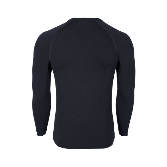 Das SIMLOC RED_LINE FR Longsleeve ist von hinten vor einem weißen Hintergrund abgebildet. Dieses schlichte schwarze Hemd verfügt über antistatische Eigenschaften und eignet sich gut als einfache flammhemmende Unterwäsche, ohne sichtbare Logos oder Muster.
