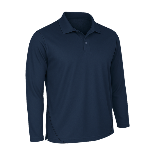 Das SIMLOC BLUE_LINE Polo Longsleeve ist ein marineblaues Polohemd mit Kragen, zwei Knöpfen und langen Ärmeln, das vor einem weißen Hintergrund abgebildet ist.