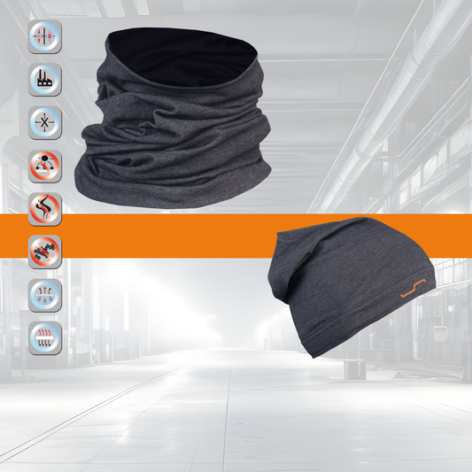 Der dunkelgraue ORANGE_LINE Tube von SIMLOC aus ägyptischer Baumwolle mit ThermoCool-Technologie wird auf modernem Industrie-Hintergrund gezeigt; links heben Icons die Eigenschaften Isolierung, Atmungsaktivität und Feuchtigkeitsmanagement hervor.