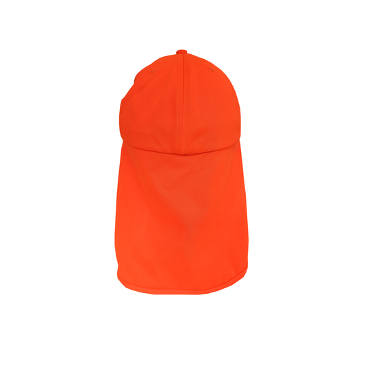 Die HESTOR SPECIAL_LINE UV CAP +50 Orange ist von hinten abgebildet und verfügt über einen Nackenschutz für optimalen Sonnenschutz, der auf einem schlichten weißen Hintergrund steht.