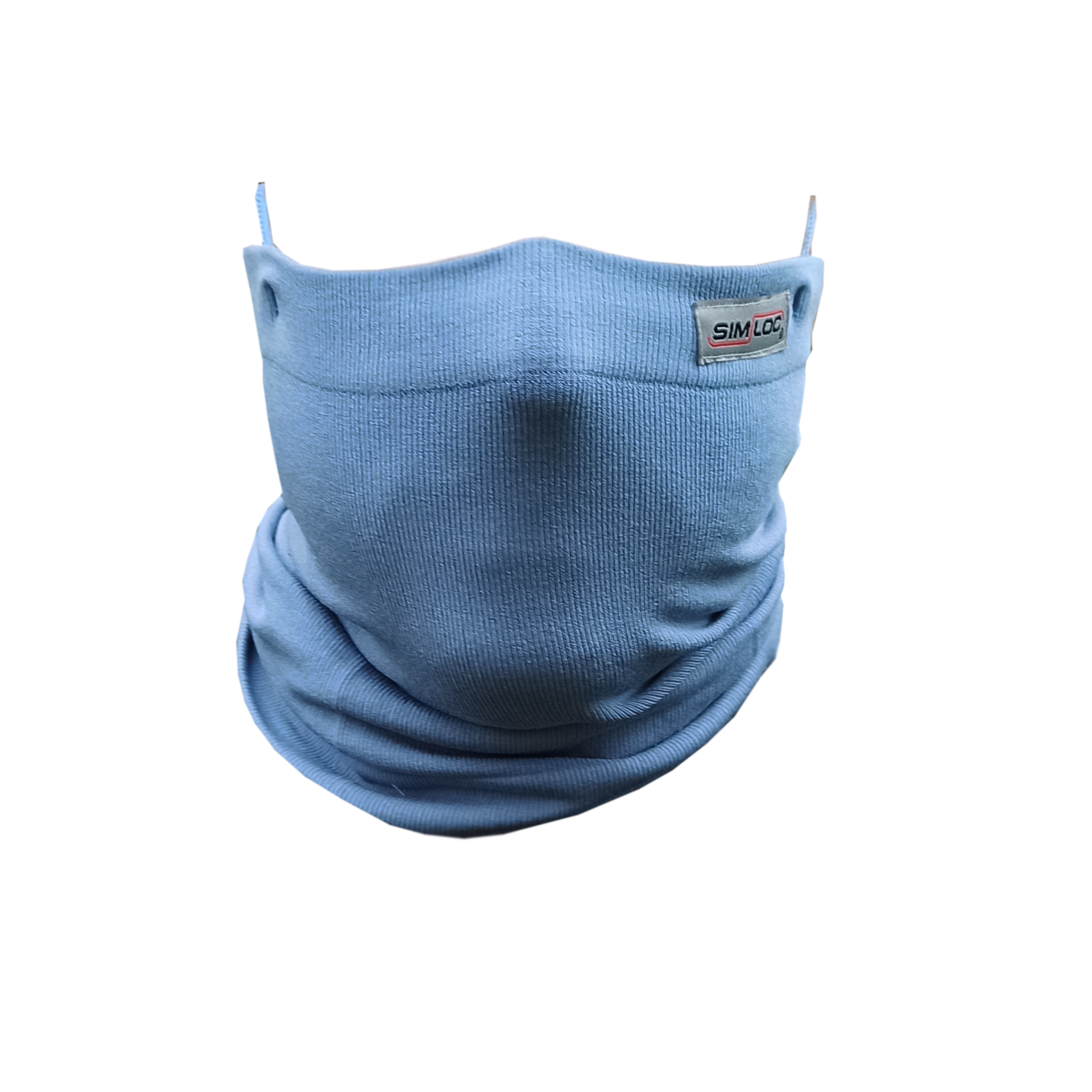 Eine hellblaue HESTOR SPECIAL_LINE Viralstop Schal-Stoffmaske mit strukturierter, anliegender Passform und einem SIM LOC-Etikett auf der oberen rechten Seite, dargestellt vor einem weißen Hintergrund.
