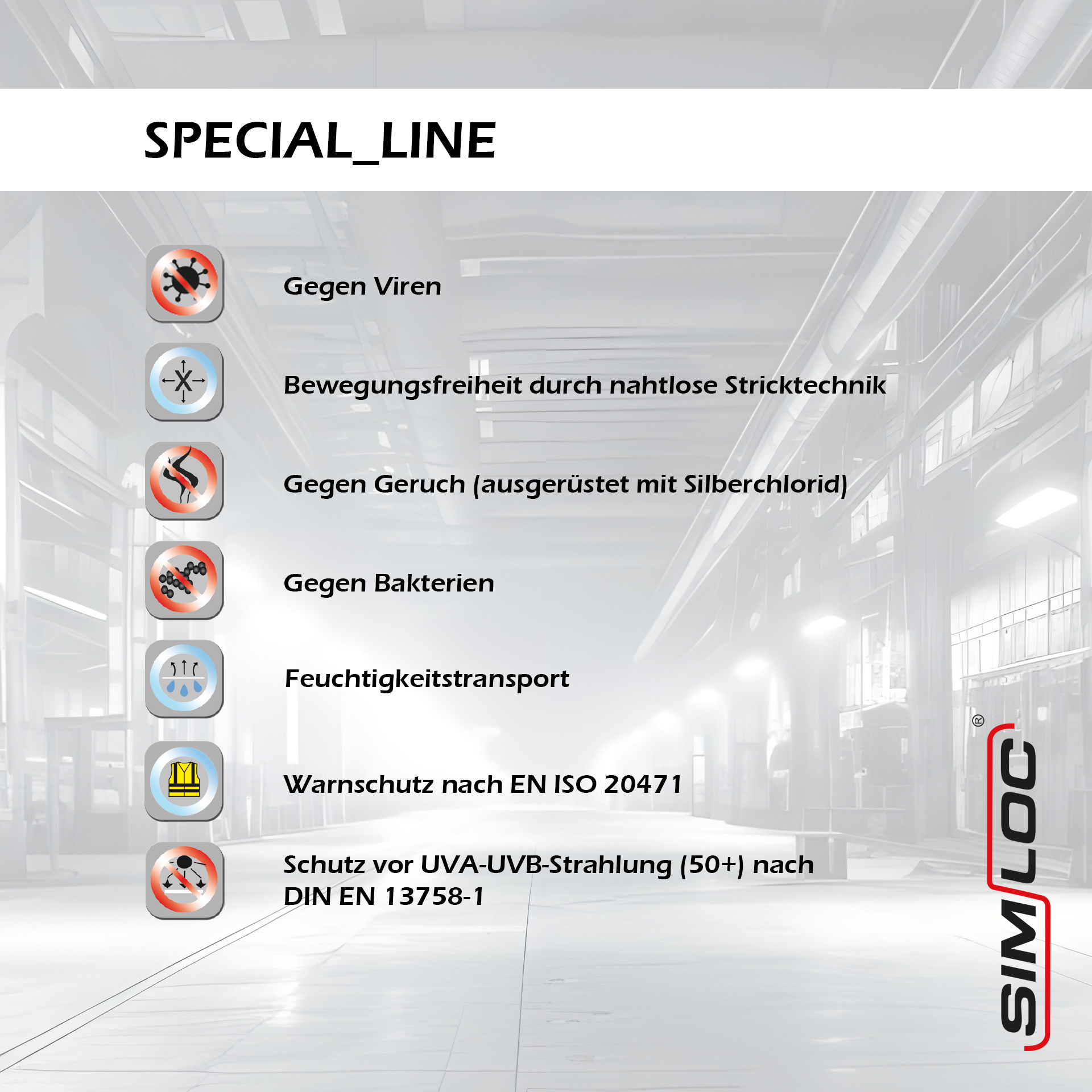 Infografik mit dem Titel HESTOR SPECIAL_LINE UV HAT +50 Eigenschaften: Schutz vor Viren und Bakterien, nahtlos gestrickte Flexibilität, Geruchshemmung (Silberchlorid), Feuchtigkeitstransport, Norm EN ISO 20471, UV-Schutz 50+, SIMLOC-Logo.