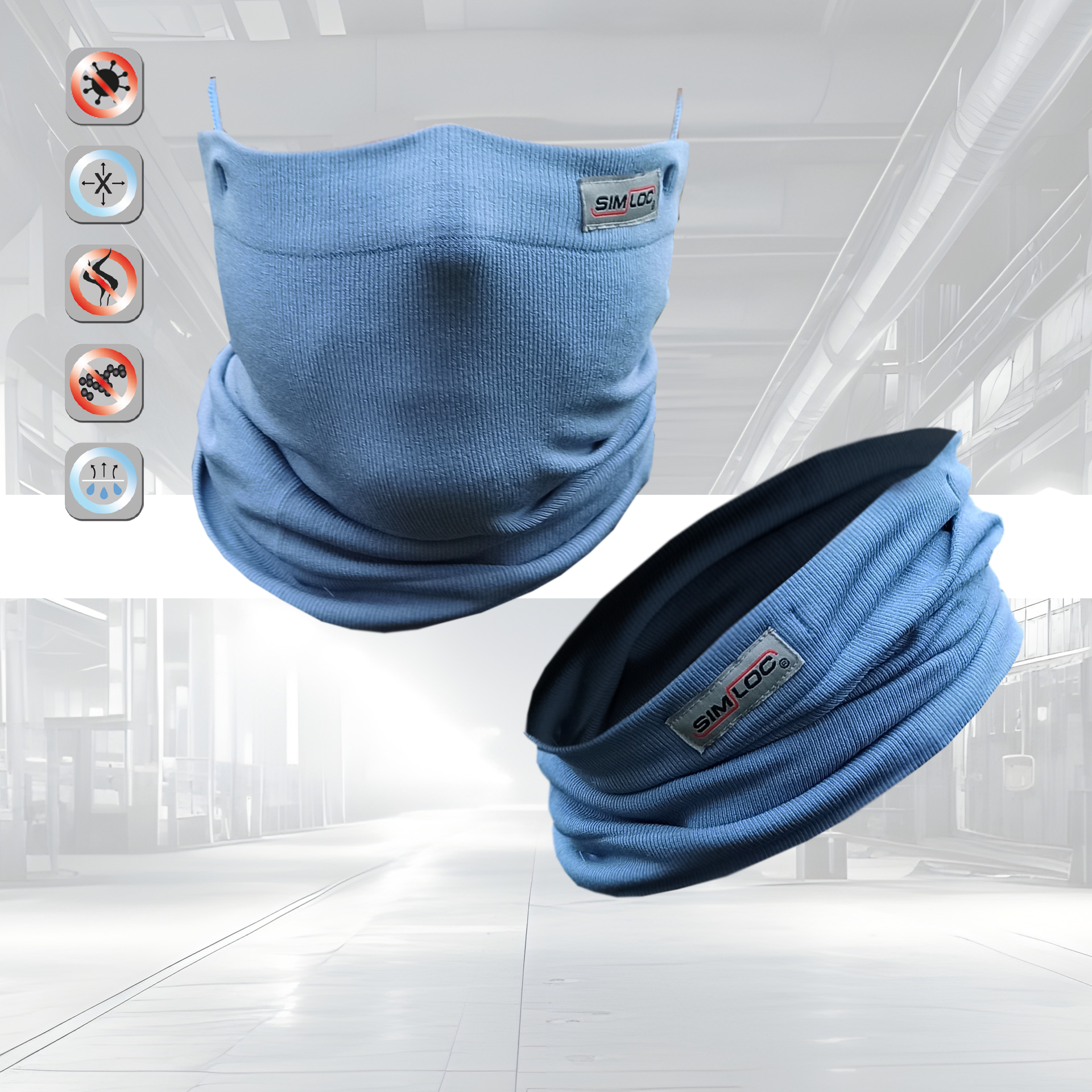 Zwei blaue HESTOR SPECIAL_LINE Viralstop Schal-Halsgamaschen sind in einem industriellen Umfeld abgebildet, mit vier Icons auf der linken Seite, die die Eigenschaften Wärme, Wasserdichtigkeit, Winddichtigkeit und Atmungsaktivität hervorheben.