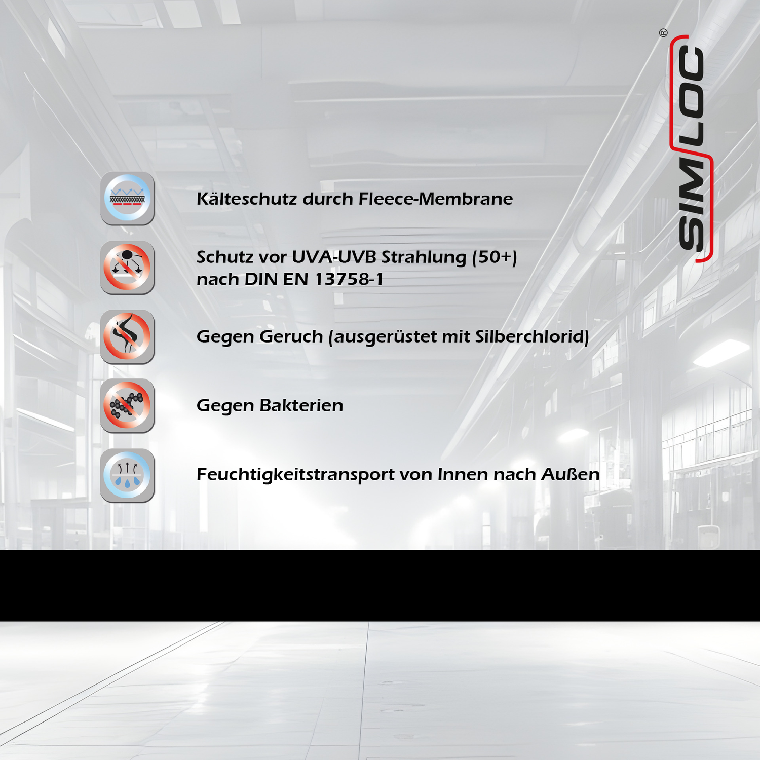 Die Infografik listet folgende Eigenschaften auf: Kälteschutz durch Fleece-Membran, UVA-UVB-Schutz (50+), Geruchsneutralisierung durch Silberchlorid, antibakterielle Wirkung und Feuchtigkeitstransport nach außen. Simloc-Logo auf der rechten Seite.