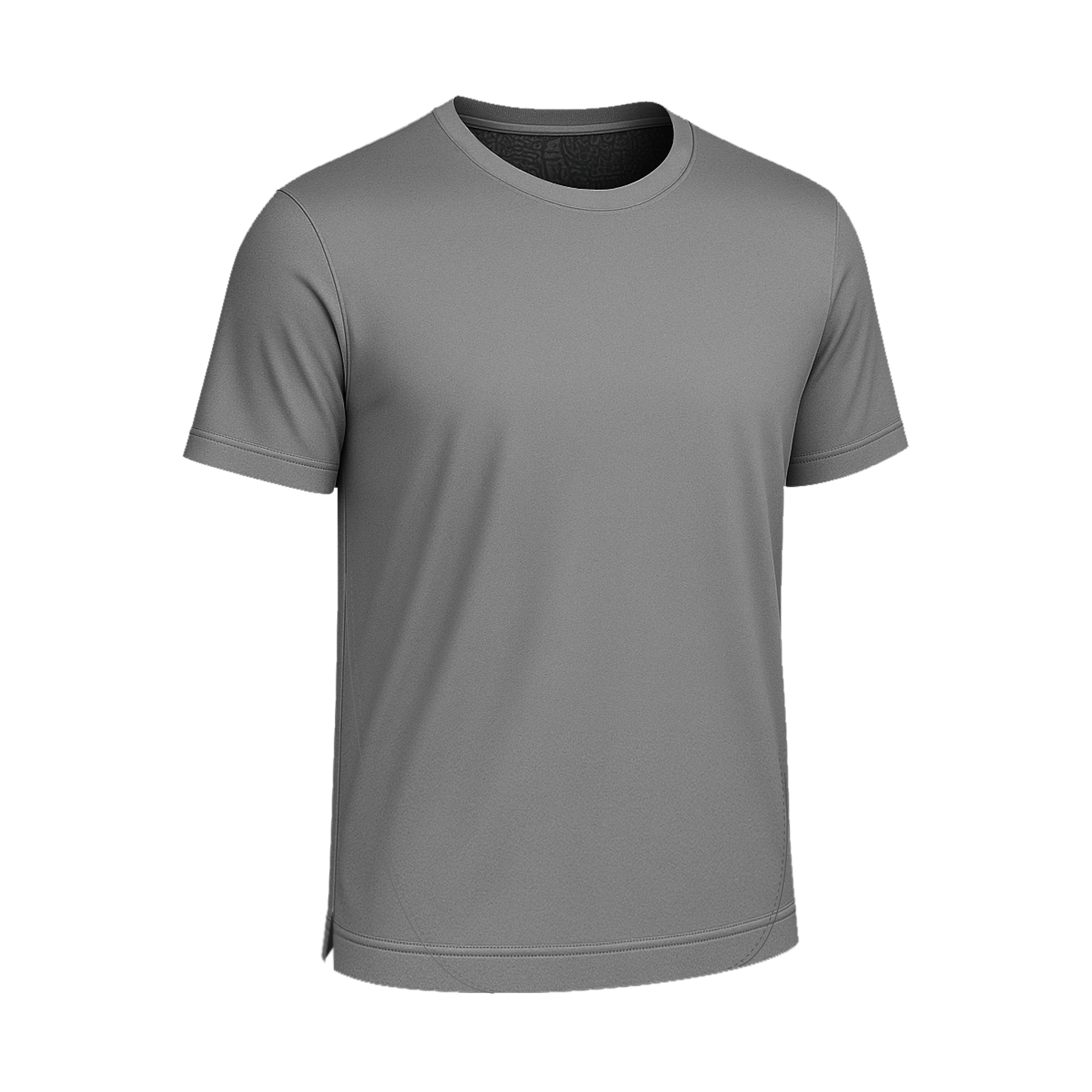 Das SIMLOC BLUE_LINE T-Shirt ist ein schlichtes graues, kurzärmeliges T-Shirt mit Rundhalsausschnitt aus recyceltem Polyester. Auf weißem Hintergrund zeigt es ein einfaches, glattes Design ohne sichtbare Logos oder Muster.