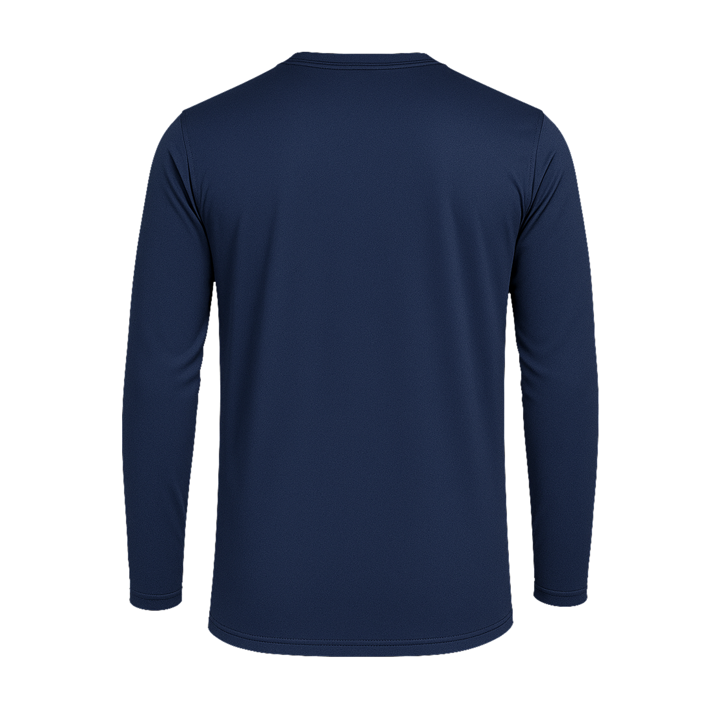 Rückansicht des SIMLOC BLUE_LINE T-Shirts mit langen Ärmeln in Marineblau, abgebildet vor einem schlichten weißen Hintergrund. Das aus recyceltem Polyester gefertigte Shirt verfügt über einen schlichten Rundhalsausschnitt und einen geraden Saum für einen klassischen Look, ohne sichtbare Logos, Muster oder Motive.