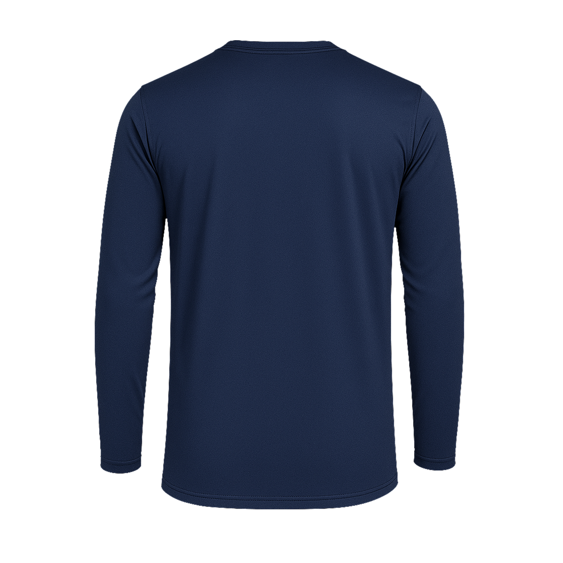 Rückansicht des SIMLOC BLUE_LINE T-Shirts mit langen Ärmeln in Marineblau, abgebildet vor einem schlichten weißen Hintergrund. Das aus recyceltem Polyester gefertigte Shirt verfügt über einen schlichten Rundhalsausschnitt und einen geraden Saum für einen klassischen Look, ohne sichtbare Logos, Muster oder Motive.