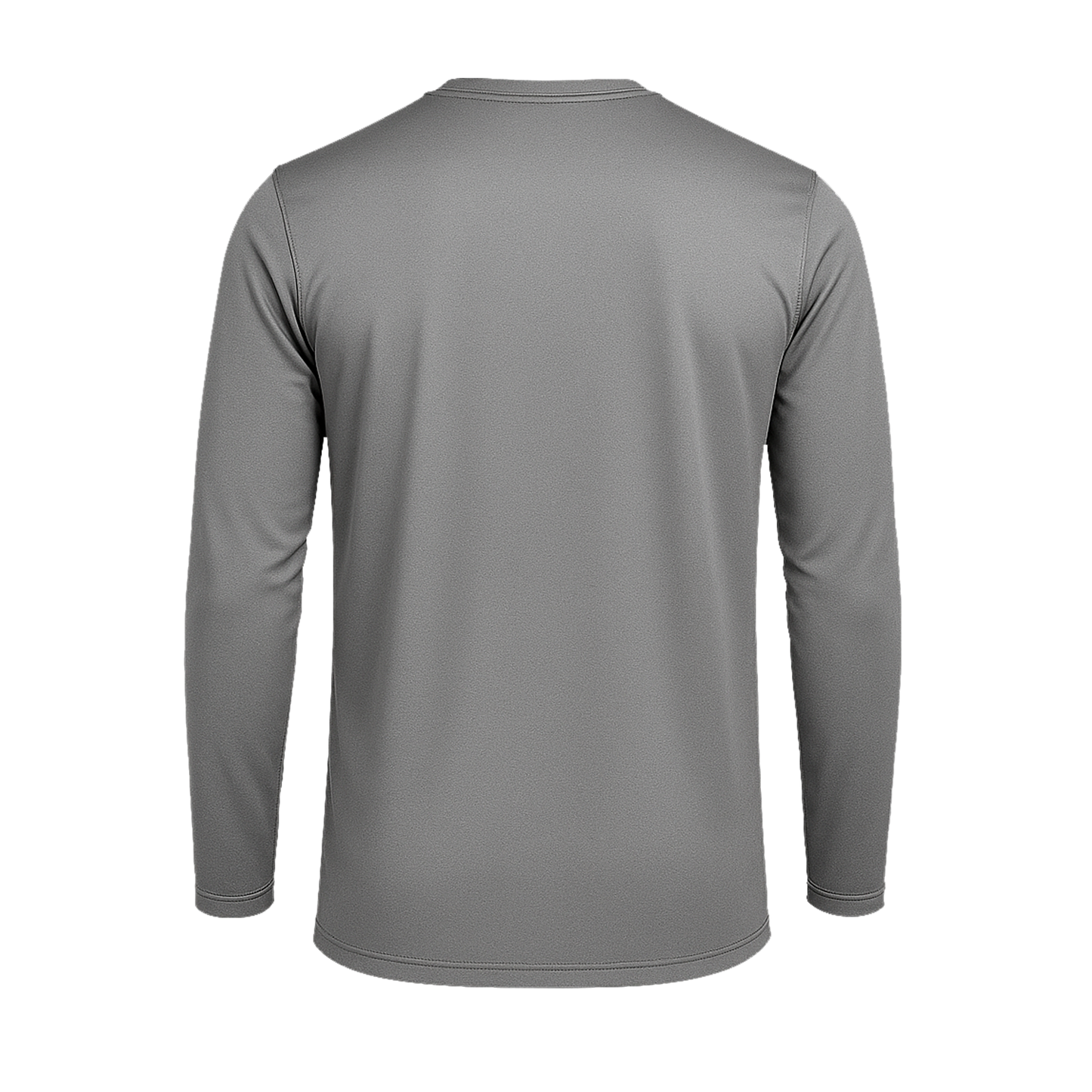 Das SIMLOC BLUE_LINE Langarm-T-Shirt, hier von hinten in schlichtem Grau vor weißem Hintergrund abgebildet, ist aus recyceltem Polyester gefertigt. Dieses Shirt bietet kühlenden Tragekomfort an heißen Tagen und zuverlässigen UV-Schutz, wodurch es sich ideal für sonniges Wetter eignet.