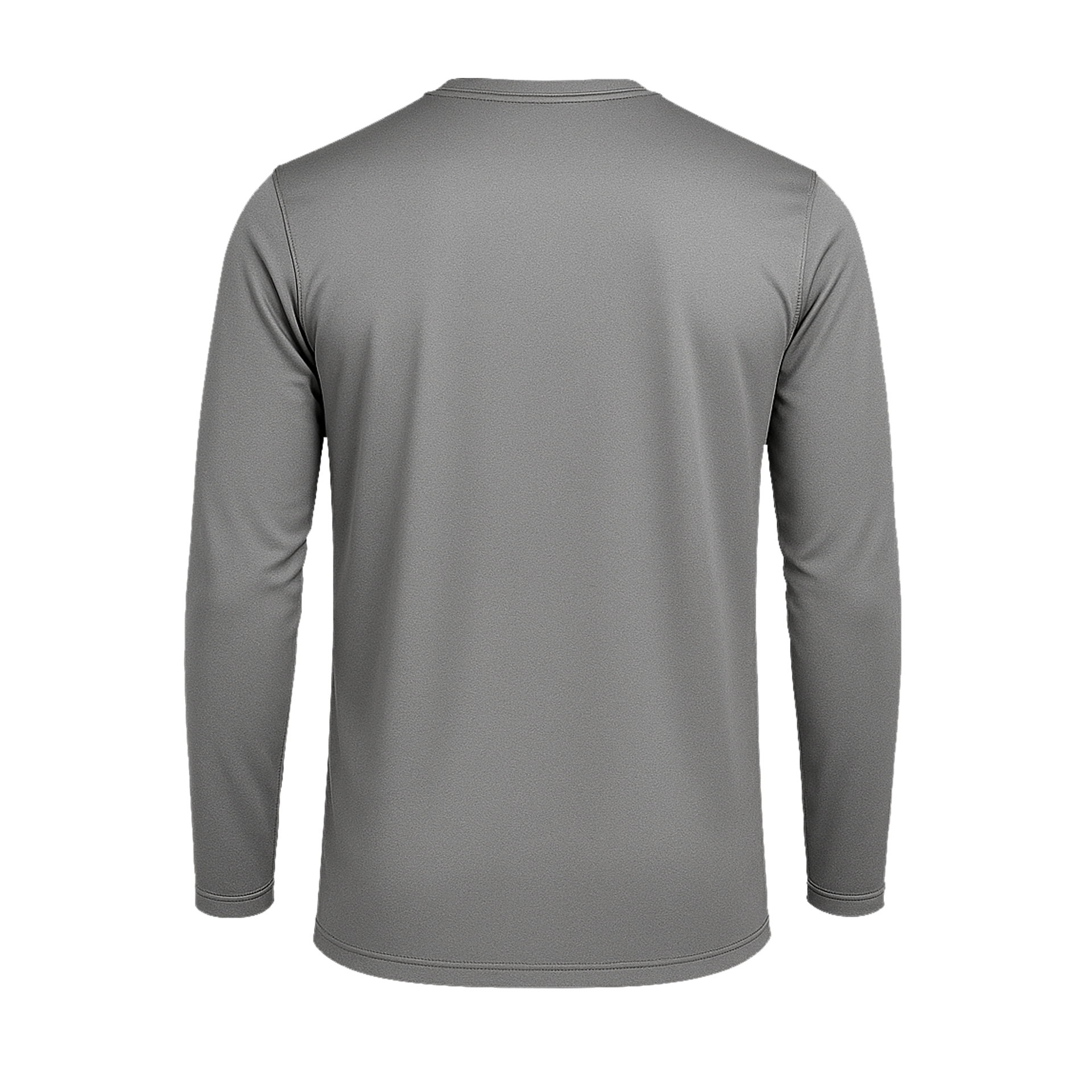 Das SIMLOC BLUE_LINE Langarm-T-Shirt, hier von hinten in schlichtem Grau vor weißem Hintergrund abgebildet, ist aus recyceltem Polyester gefertigt. Dieses Shirt bietet kühlenden Tragekomfort an heißen Tagen und zuverlässigen UV-Schutz, wodurch es sich ideal für sonniges Wetter eignet.