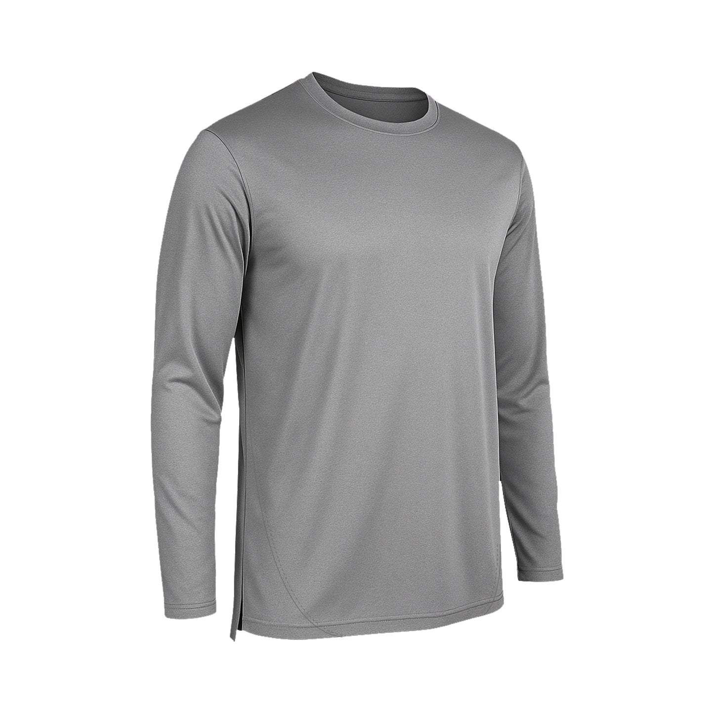Das SIMLOC BLUE_LINE T-Shirt Longsleeve ist ein einfarbiges, hellgraues Sportshirt mit langen Ärmeln und Rundhalsausschnitt, das aus recyceltem Polyester gefertigt ist und somit eine umweltfreundliche Wahl darstellt. Es verfügt über einen UV-Schutz, der für Ihre Sicherheit im Freien sorgt, und wird hier auf weißem Hintergrund abgebildet.
