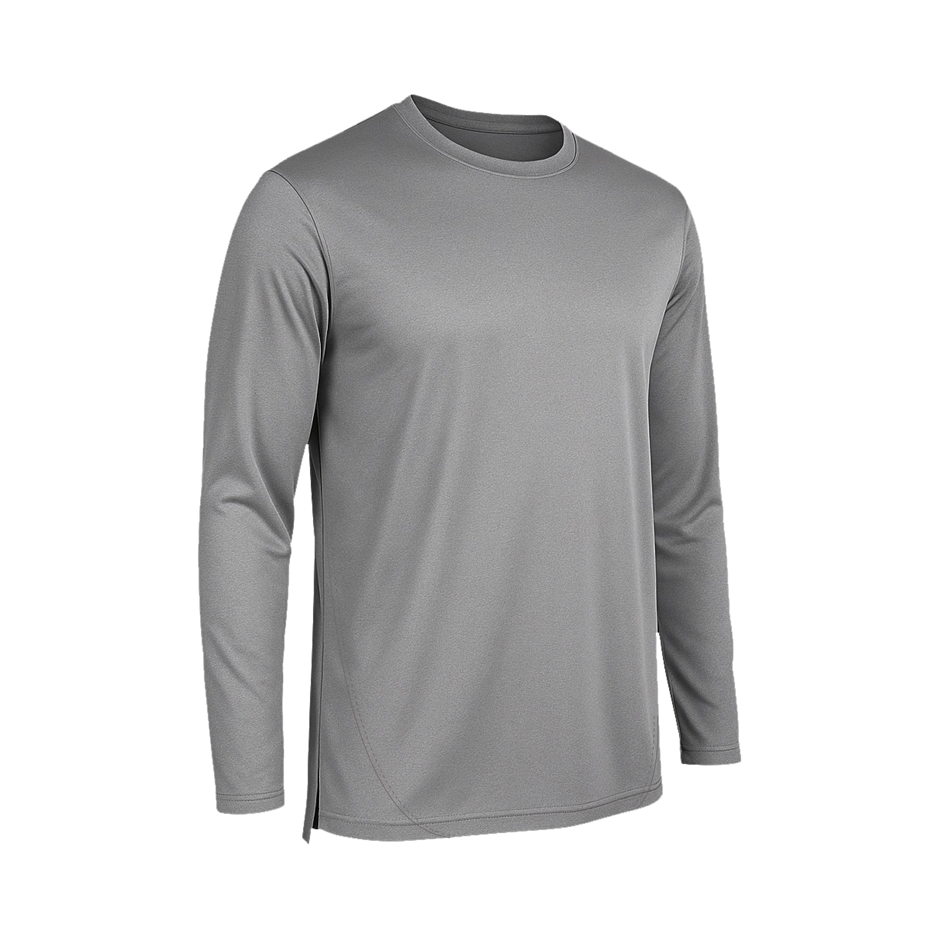 Das SIMLOC BLUE_LINE T-Shirt Longsleeve ist ein einfarbiges, hellgraues Sportshirt mit langen Ärmeln und Rundhalsausschnitt, das aus recyceltem Polyester gefertigt ist und somit eine umweltfreundliche Wahl darstellt. Es verfügt über einen UV-Schutz, der für Ihre Sicherheit im Freien sorgt, und wird hier auf weißem Hintergrund abgebildet.