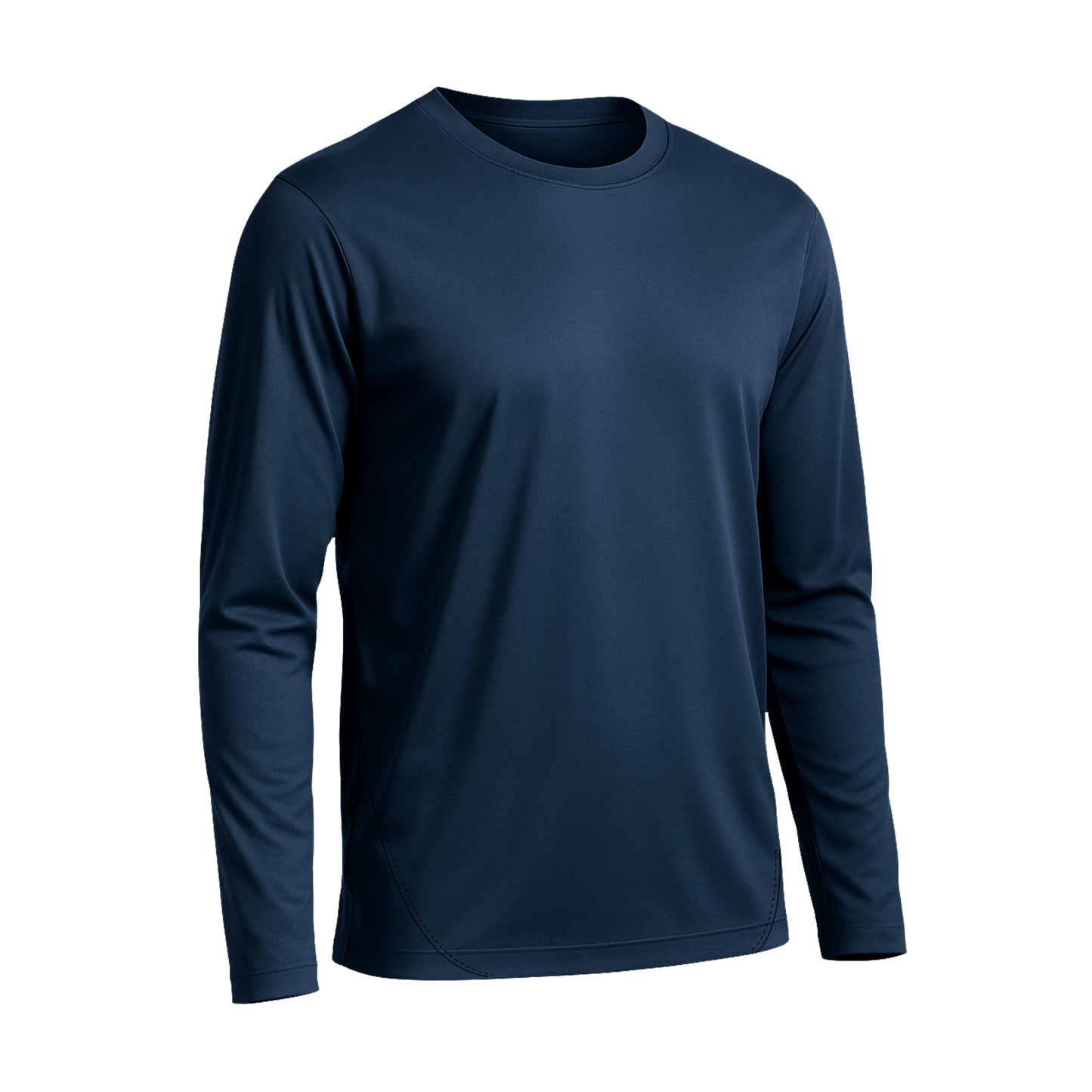 Das SIMLOC BLUE_LINE T-Shirt Longsleeve ist ein einfarbiges, marineblaues Sportshirt mit langen Ärmeln und Rundhalsausschnitt. Es besteht aus recyceltem Polyester im Sinne der Nachhaltigkeit und bietet Kühlung bei Hitze sowie zuverlässigen UV-Schutz. Das Shirt wird auf weißem Hintergrund abgebildet.