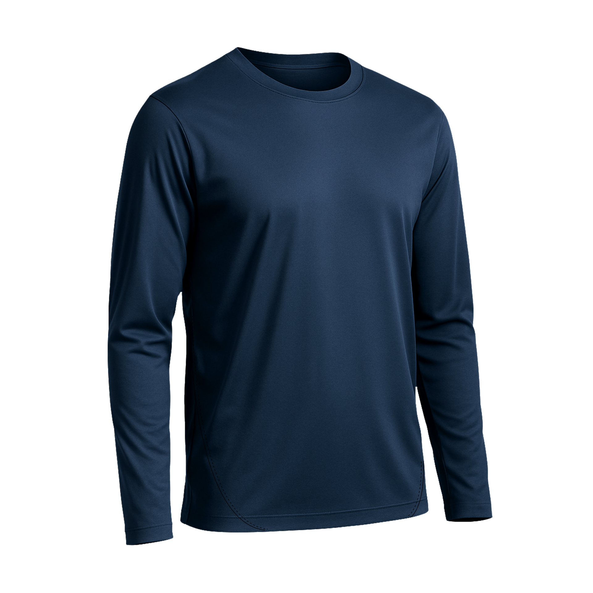 Das SIMLOC BLUE_LINE T-Shirt Longsleeve ist ein einfarbiges, marineblaues Sportshirt mit langen Ärmeln und Rundhalsausschnitt. Es besteht aus recyceltem Polyester im Sinne der Nachhaltigkeit und bietet Kühlung bei Hitze sowie zuverlässigen UV-Schutz. Das Shirt wird auf weißem Hintergrund abgebildet.
