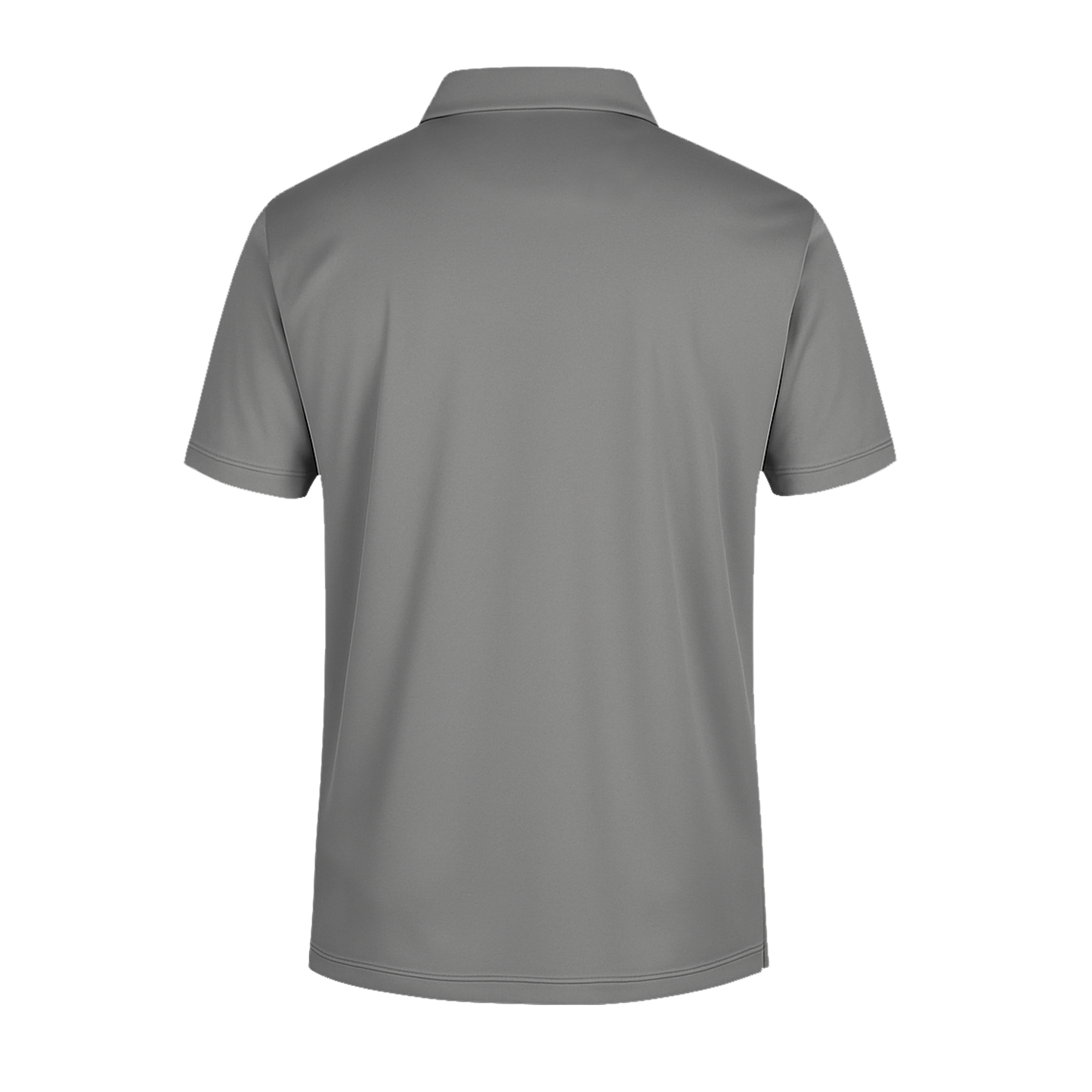 Rückansicht des SIMLOC BLUE_LINE Polo, eines einfarbigen, grauen Kurzarm-Poloshirts mit Kragen, das aus recyceltem Polyester gefertigt ist und UV-Schutz bietet, vor weißem Hintergrund.