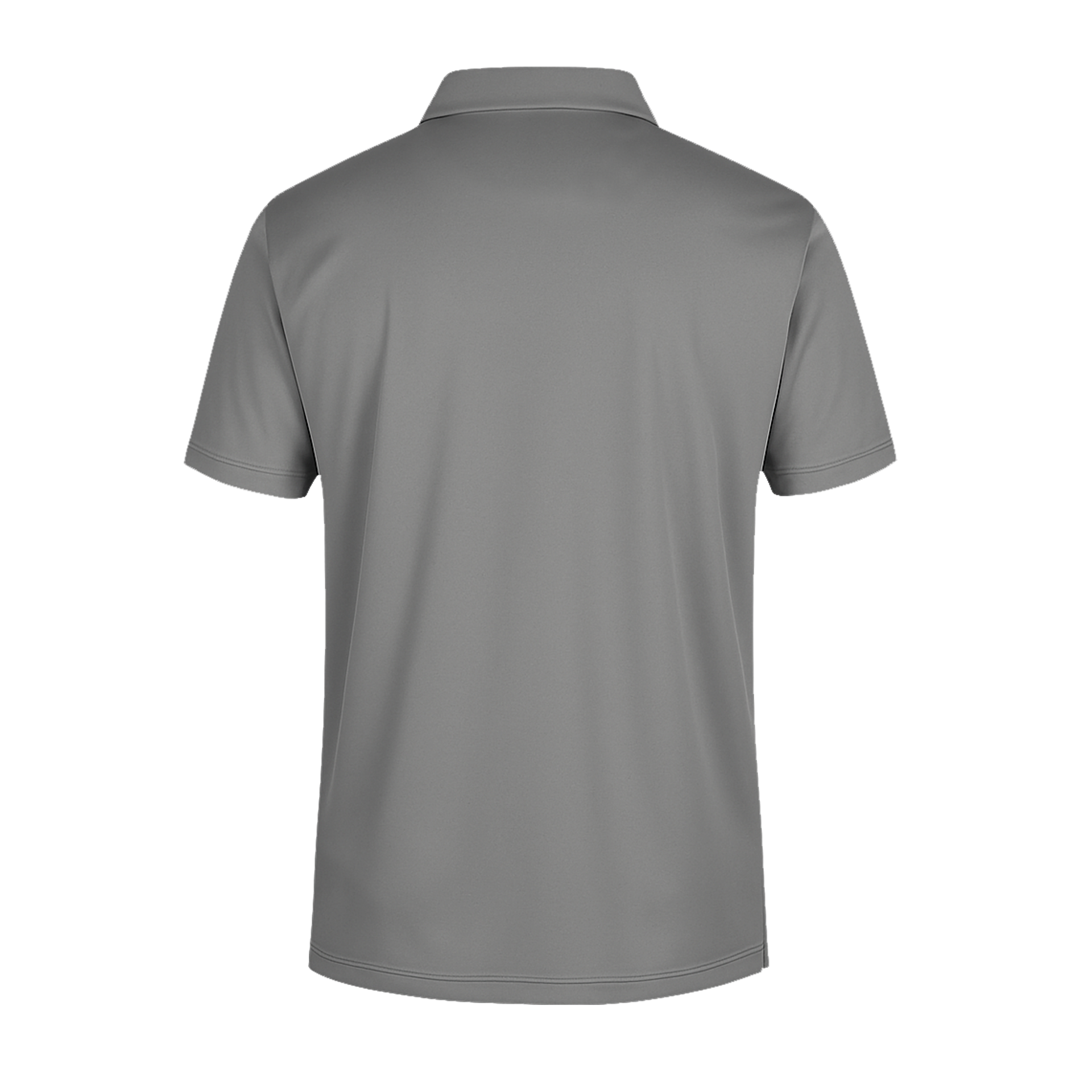 Rückansicht des SIMLOC BLUE_LINE Polo, eines einfarbigen, grauen Kurzarm-Poloshirts mit Kragen, das aus recyceltem Polyester gefertigt ist und UV-Schutz bietet, vor weißem Hintergrund.