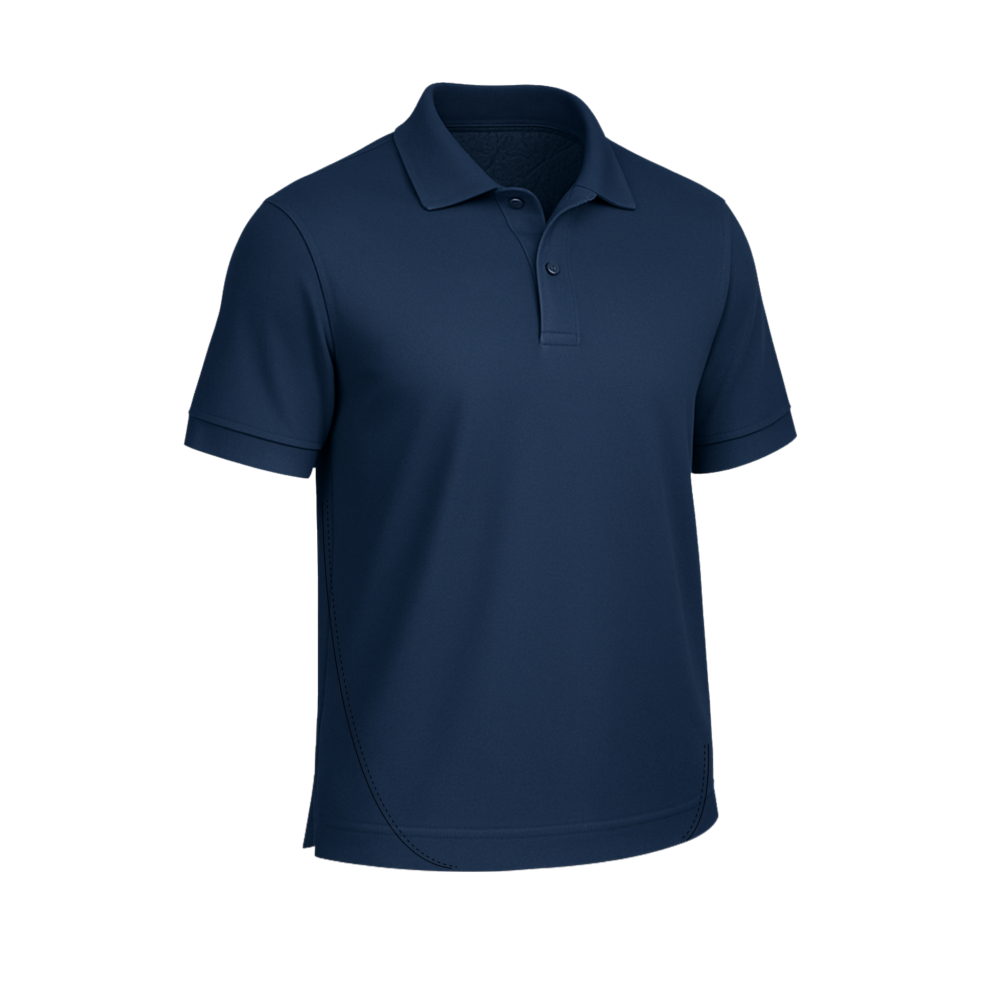 Das SIMLOC BLUE_LINE Polo ist ein einfarbiges, marineblaues Kurzarmhemd mit Kragen und zwei Knöpfen, das aus recyceltem Polyester gefertigt ist und für einen kühlenden Effekt sorgt; abgebildet auf weißem Hintergrund.