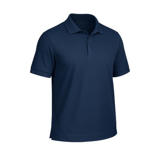 Das SIMLOC BLUE_LINE Polo ist ein einfarbiges, marineblaues Kurzarmhemd mit Kragen und zwei Knöpfen, das aus recyceltem Polyester gefertigt ist und für einen kühlenden Effekt sorgt; abgebildet auf weißem Hintergrund.