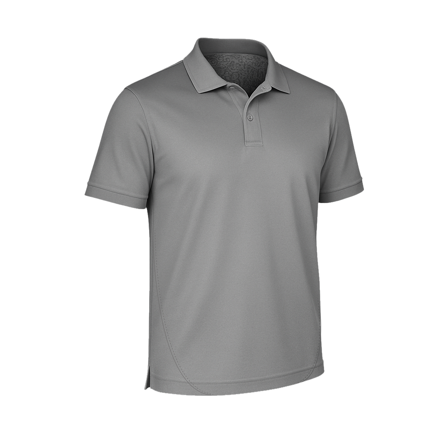 Ein SIMLOC BLUE_LINE-Polohemd in schlichtem Grau mit kurzen Ärmeln, Kragen und zwei Knöpfen, hergestellt aus recyceltem Polyester für mehr Nachhaltigkeit, abgebildet vor weißem Hintergrund.