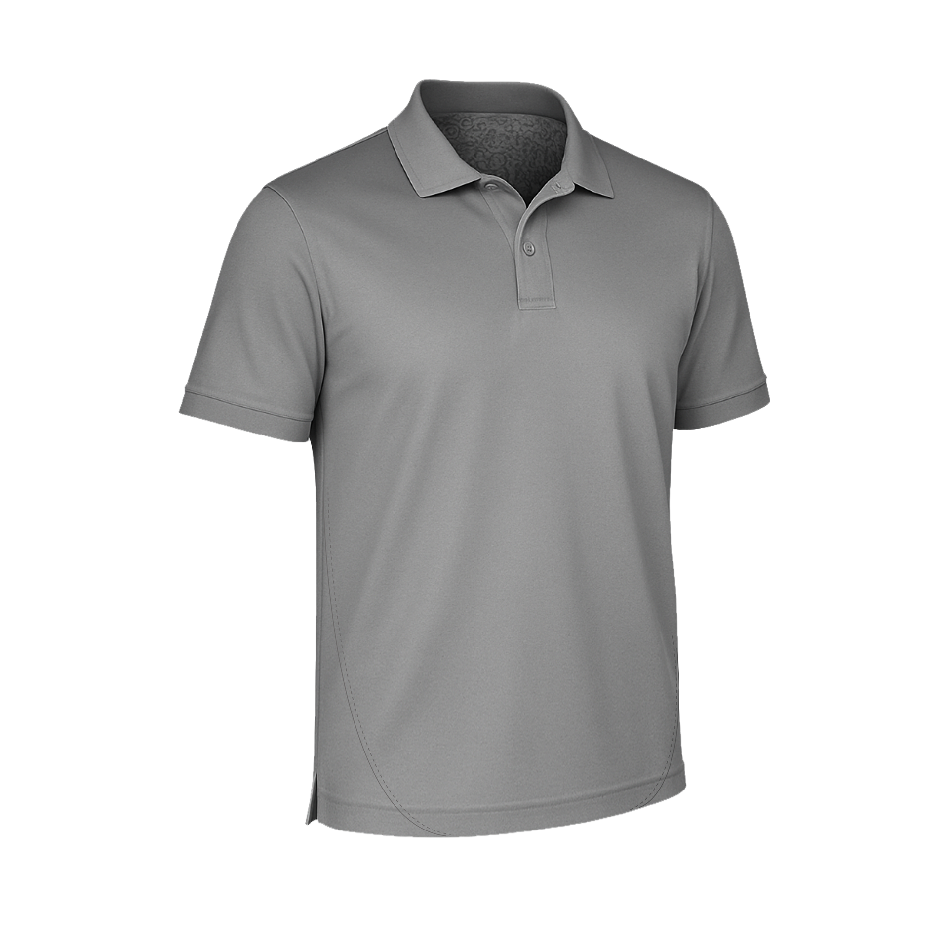 Ein SIMLOC BLUE_LINE-Polohemd in schlichtem Grau mit kurzen Ärmeln, Kragen und zwei Knöpfen, hergestellt aus recyceltem Polyester für mehr Nachhaltigkeit, abgebildet vor weißem Hintergrund.