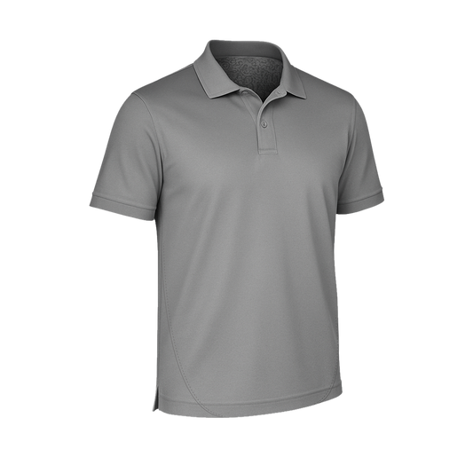 Ein SIMLOC BLUE_LINE-Polohemd in schlichtem Grau mit kurzen Ärmeln, Kragen und zwei Knöpfen, hergestellt aus recyceltem Polyester für mehr Nachhaltigkeit, abgebildet vor weißem Hintergrund.