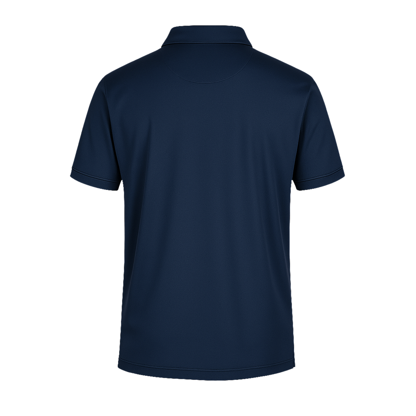 Rückansicht eines schlichten, kurzärmeligen, marineblauen BLUE_LINE-Poloshirts von SIMLOC mit Kragen, dargestellt vor weißem Hintergrund. Dieses aus recyceltem Polyester gefertigte Poloshirt bietet sowohl UV-Schutz als auch einen zusätzlichen Kühleffekt für mehr Komfort bei sonnigem Wetter.