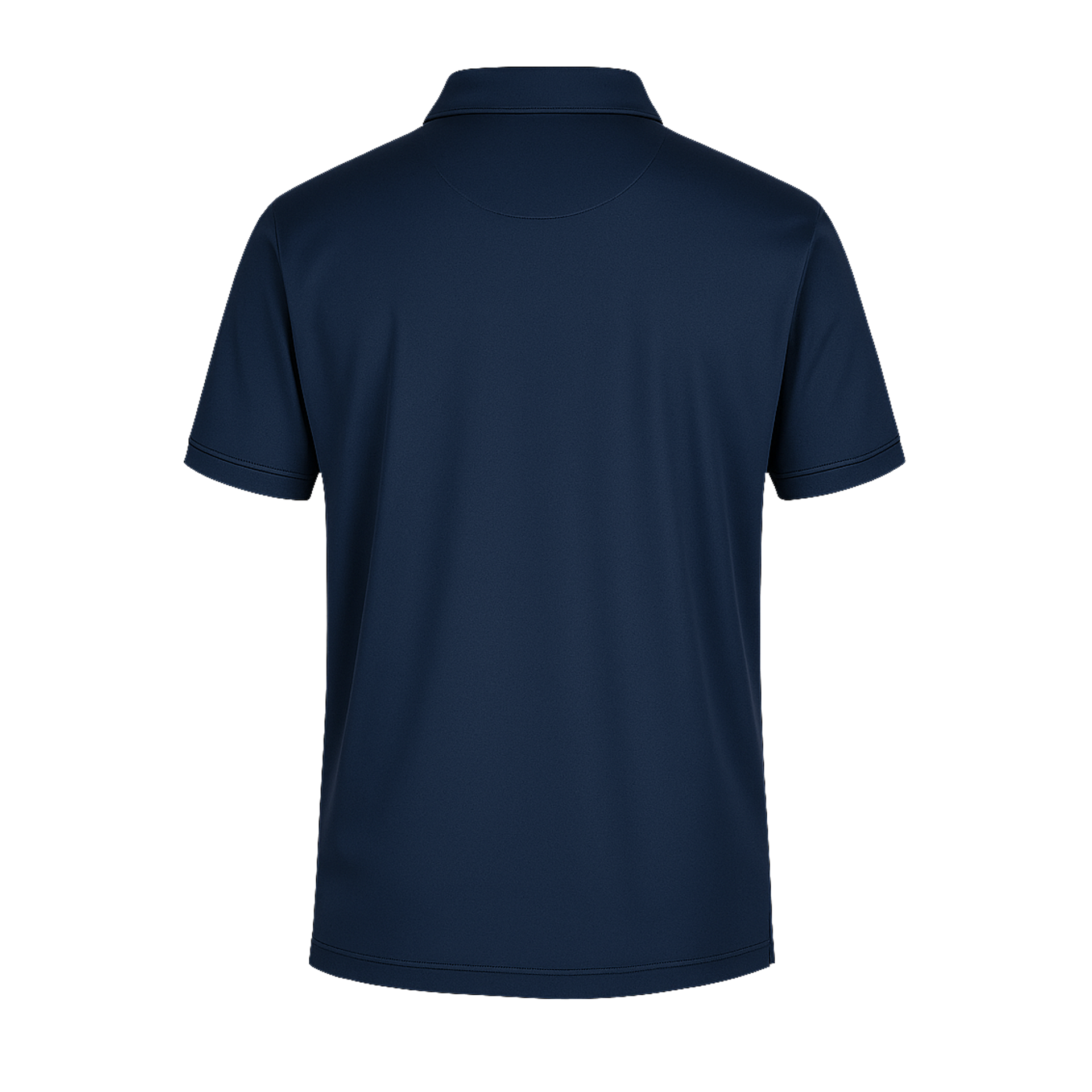 Rückansicht eines schlichten, kurzärmeligen, marineblauen BLUE_LINE-Poloshirts von SIMLOC mit Kragen, dargestellt vor weißem Hintergrund. Dieses aus recyceltem Polyester gefertigte Poloshirt bietet sowohl UV-Schutz als auch einen zusätzlichen Kühleffekt für mehr Komfort bei sonnigem Wetter.