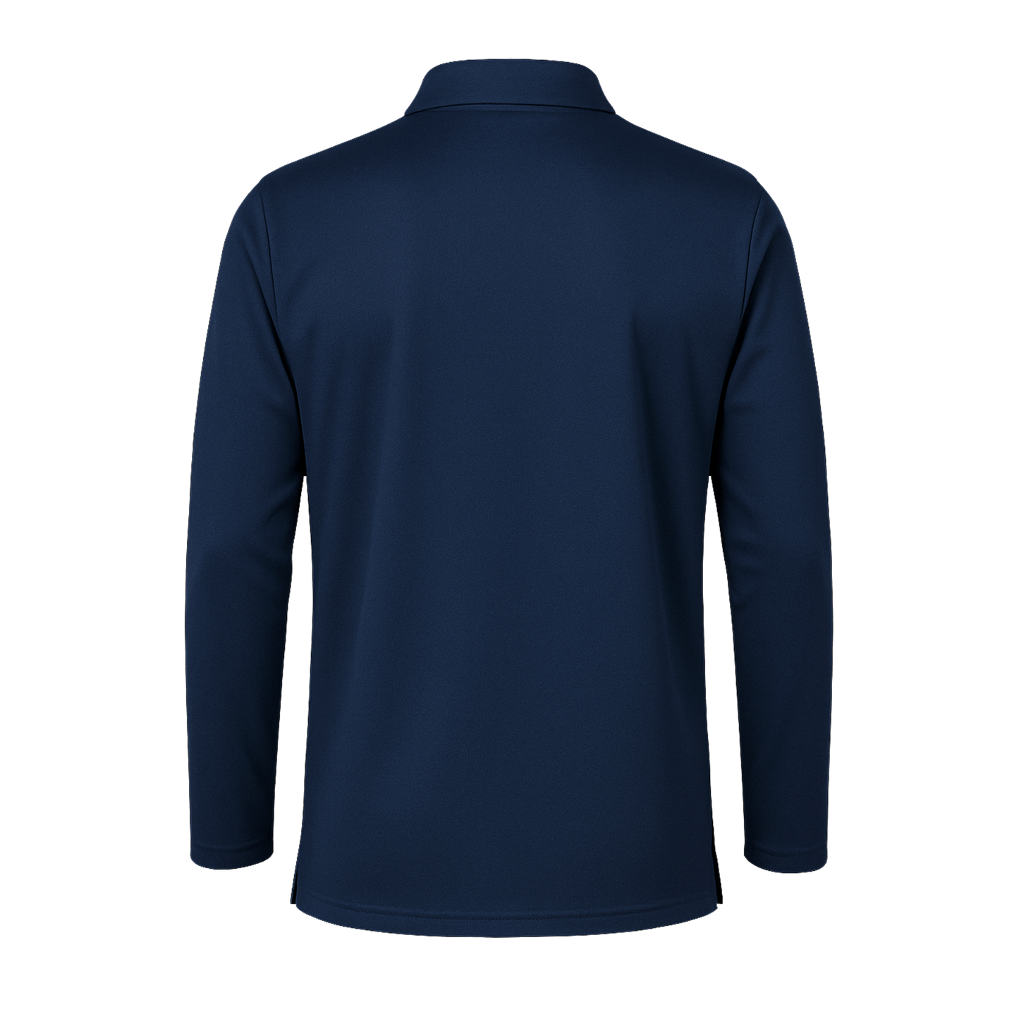 Das SIMLOC BLUE_LINE Polo-Langarmshirt wird von hinten gezeigt und präsentiert sich in schlichtem Marineblau mit Kragen, ohne sichtbare Aufdrucke oder Muster.