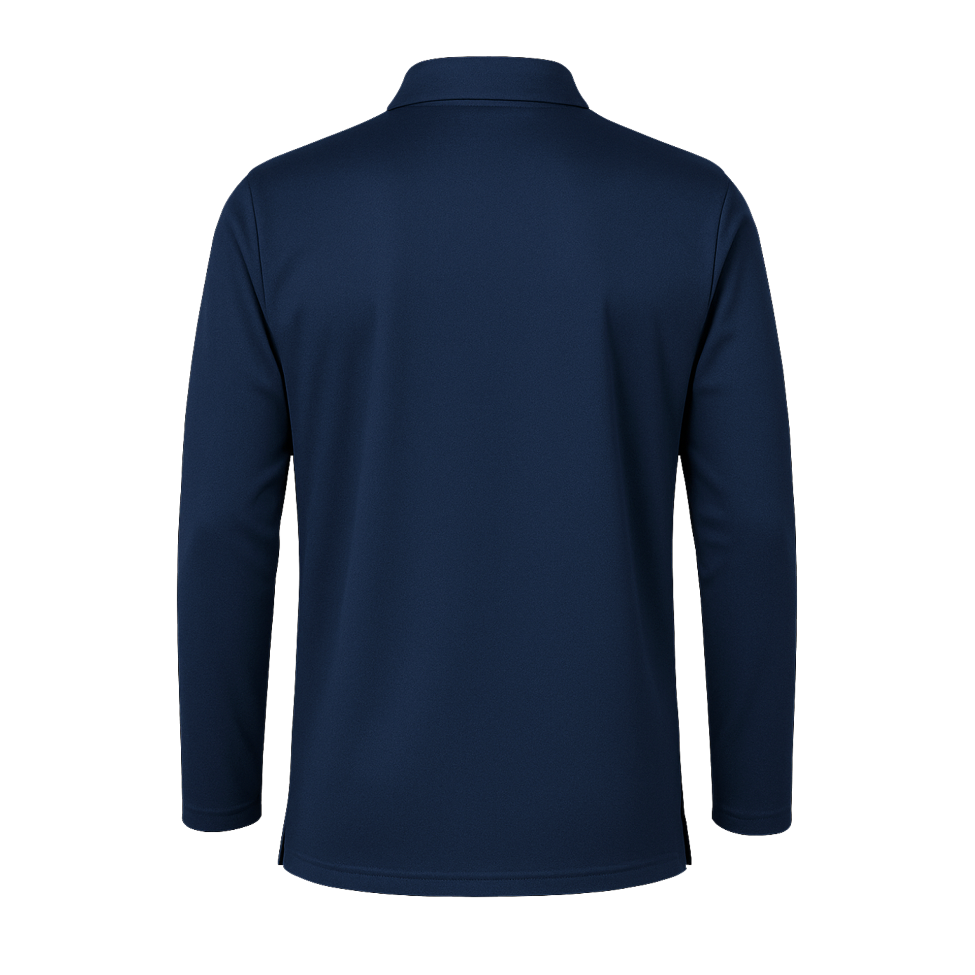 Das SIMLOC BLUE_LINE Polo-Langarmshirt wird von hinten gezeigt und präsentiert sich in schlichtem Marineblau mit Kragen, ohne sichtbare Aufdrucke oder Muster.