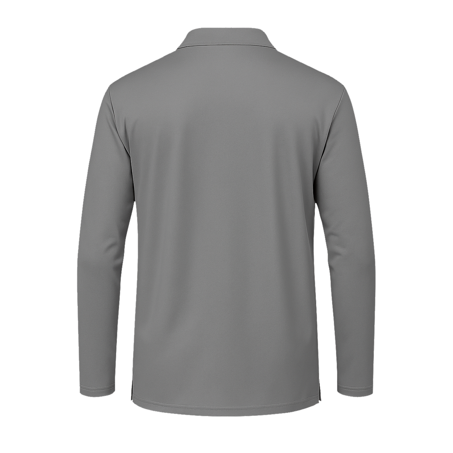 Rückansicht des SIMLOC BLUE_LINE Polo Longsleeve, eines einfarbigen grauen Poloshirts mit Kragen und langen Ärmeln, abgebildet vor weißem Hintergrund.