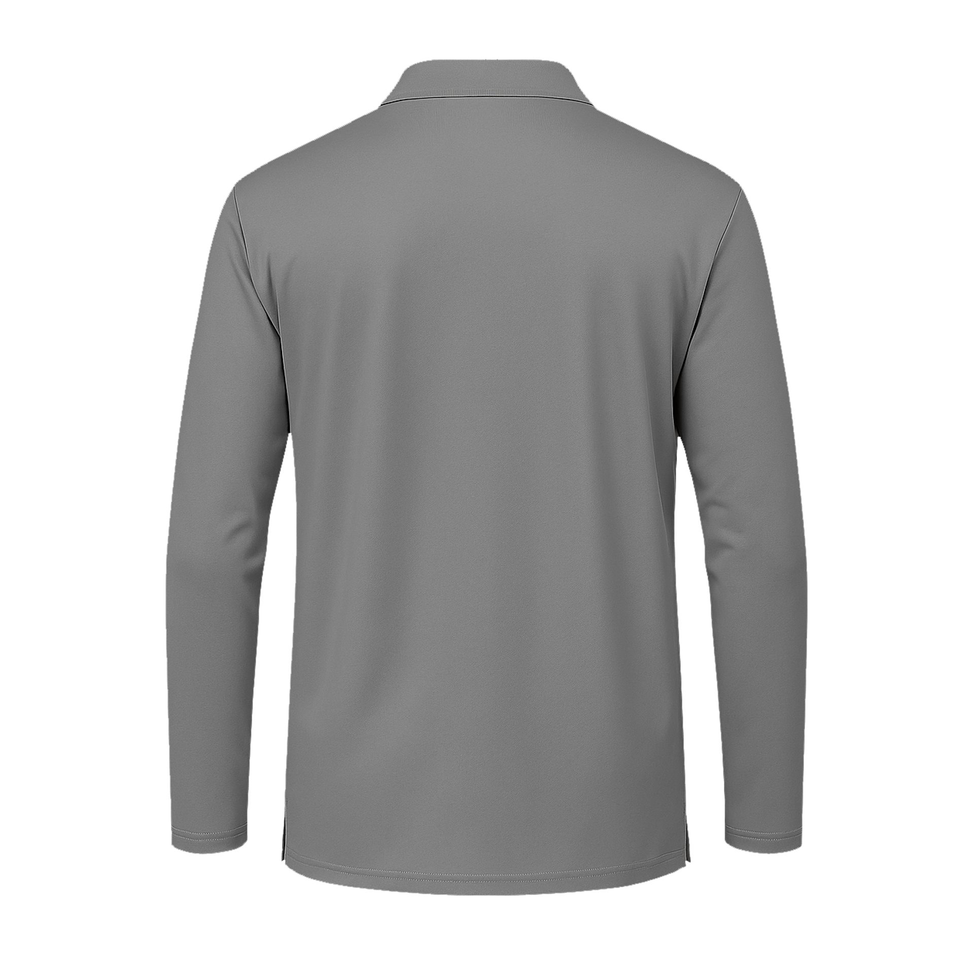 Rückansicht des SIMLOC BLUE_LINE Polo Longsleeve, eines einfarbigen grauen Poloshirts mit Kragen und langen Ärmeln, abgebildet vor weißem Hintergrund.