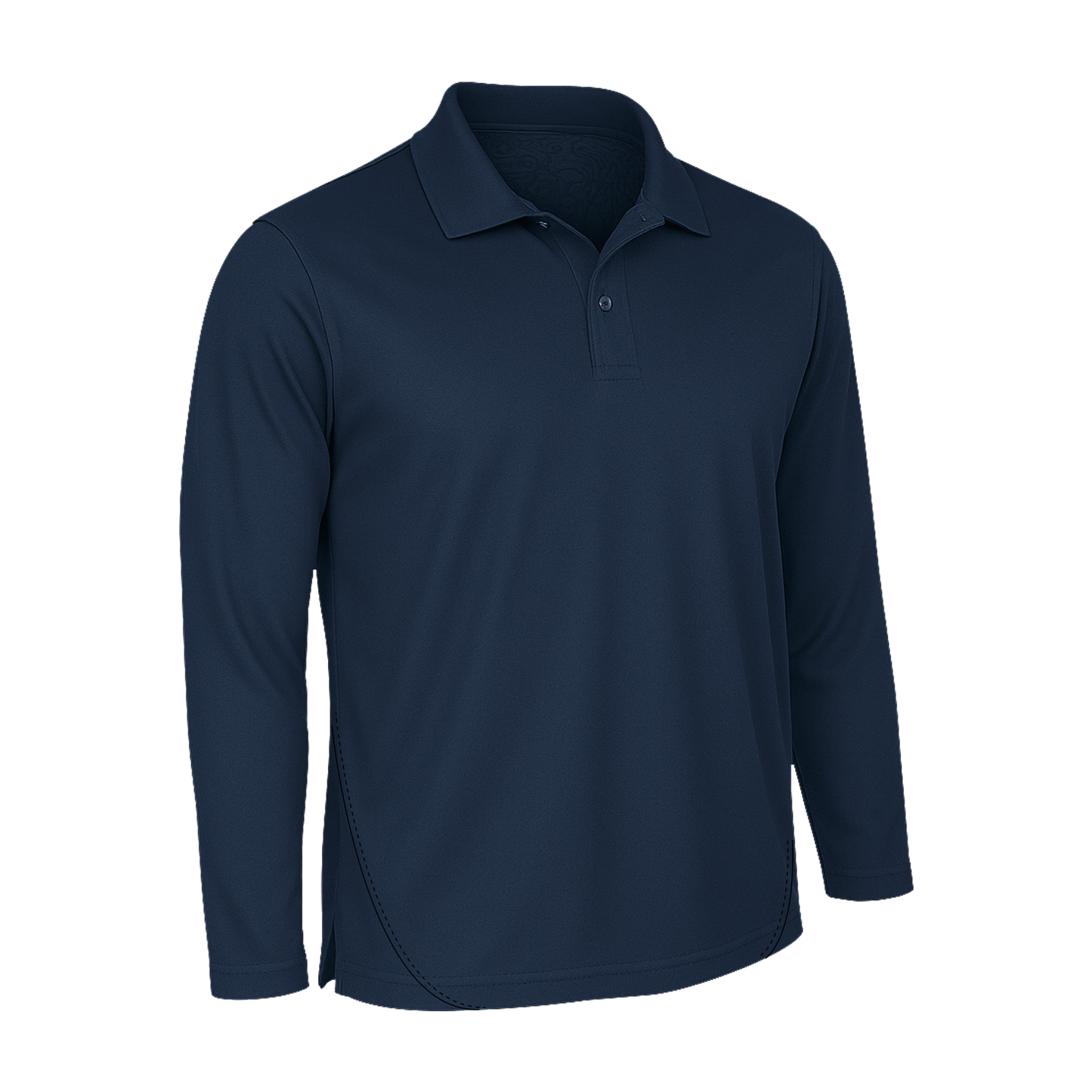 Das SIMLOC BLUE_LINE Polo Longsleeve ist ein marineblaues Polohemd mit Kragen, zwei Knöpfen und langen Ärmeln, das vor einem weißen Hintergrund abgebildet ist.