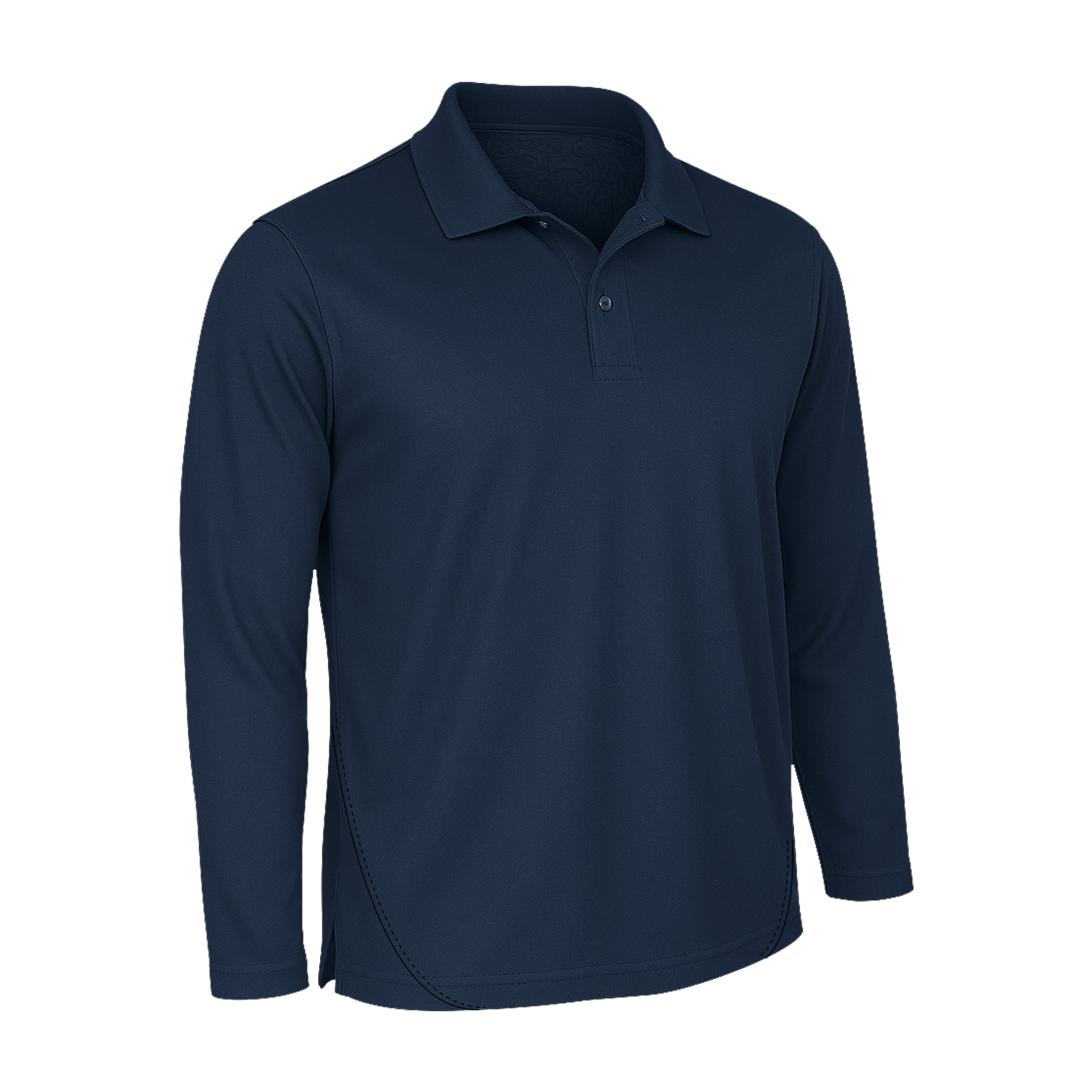 Das SIMLOC BLUE_LINE Polo Longsleeve ist ein marineblaues Polohemd mit Kragen, zwei Knöpfen und langen Ärmeln, das vor einem weißen Hintergrund abgebildet ist.