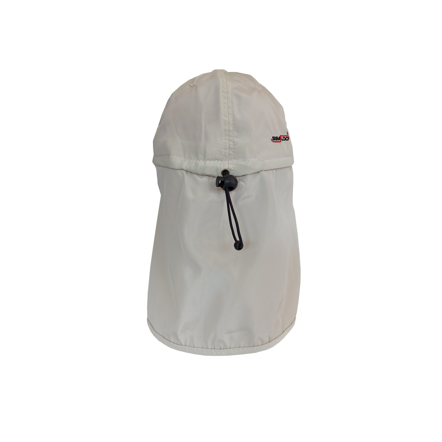 Eine sandfarbene, wasserfeste Outdoor-Kappe „BLUE_LINE COOLING UV CAP“ von SIMLOC mit Nackenschutz und verstellbarem Kordelzug, von hinten vor weißem Hintergrund abgebildet.