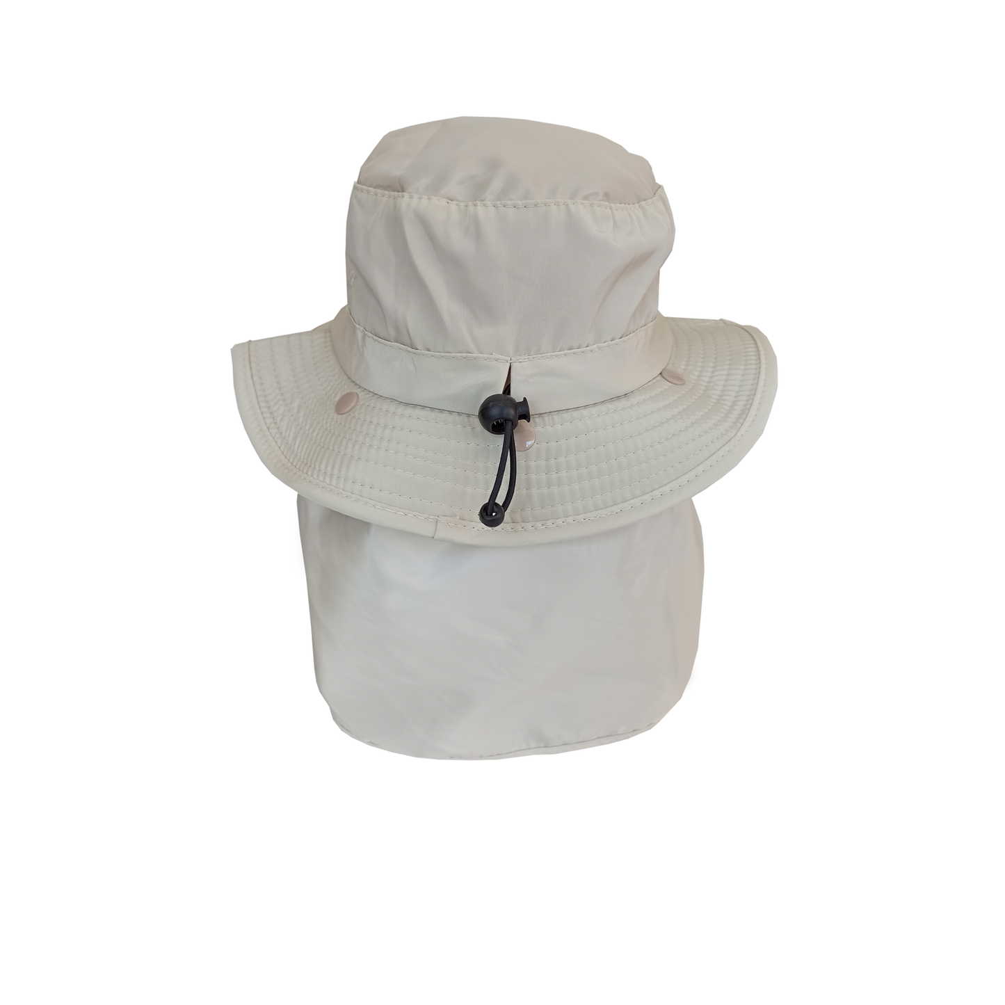 SIMLOC BLUE_LINE COOLING UV-HUT in der Farbe „Sand“ mit breiter Krempe und Nackenschutz für besseren Sonnenschutz, von hinten gesehen. Der Hut verfügt über einen schwarzen, verstellbaren Kordelzug und ist vor einem schlichten weißen Hintergrund abgebildet.