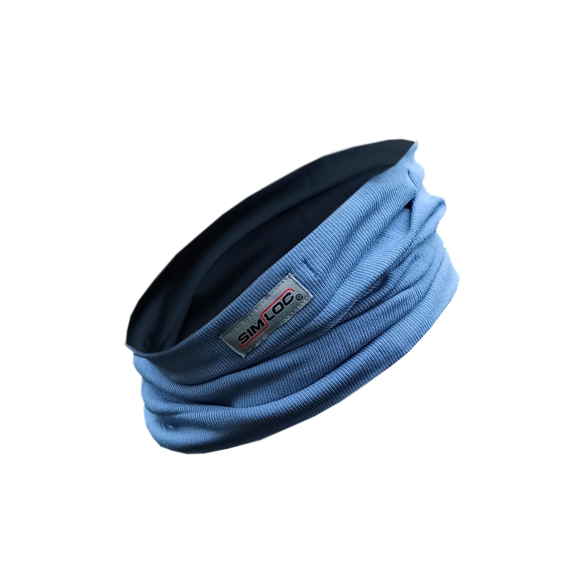 Ein hellblaues, geripptes Stoffstirnband mit einem kleinen rechteckigen SIMLOC-Label ist auf weißem Hintergrund abgebildet - perfekt, um es mit Ihrem bevorzugten HESTOR SPECIAL_LINE Viralstop Schal zu kombinieren, für zusätzlichen Stil und Komfort.